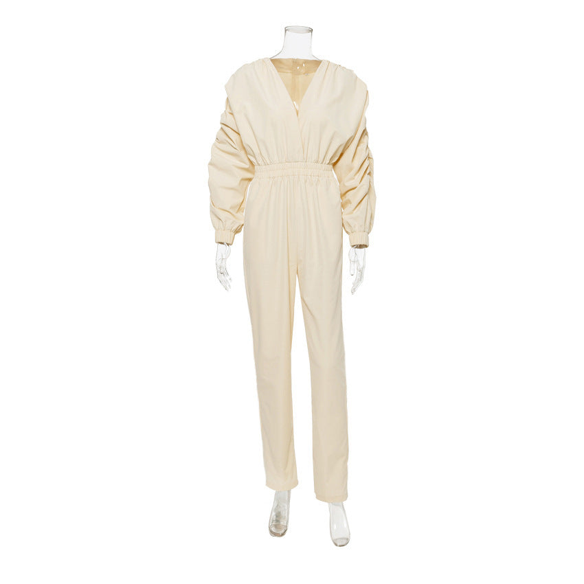 Women's V neck High Waist jumpsuits Straight Elastic Waist women rompers Lantern Sleeve jumpsuits High Street bodysuit