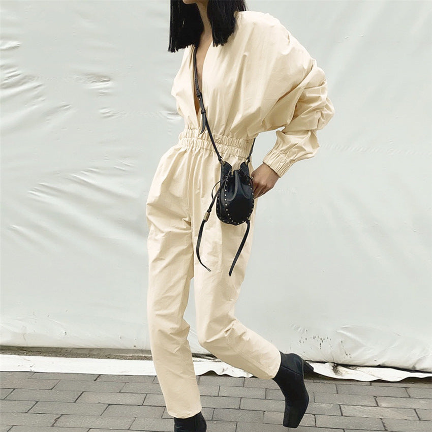 Women's V neck High Waist jumpsuits Straight Elastic Waist women rompers Lantern Sleeve jumpsuits High Street bodysuit