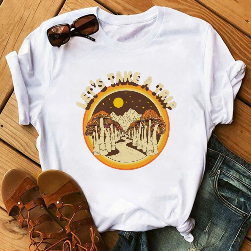90's Funny Mushroom Print T-shirt Casual Round Neck Short Sleeves Printed Pullover Women T-shirt