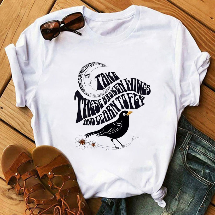 90's Funny Mushroom Print T-shirt Casual Round Neck Short Sleeves Printed Pullover Women T-shirt