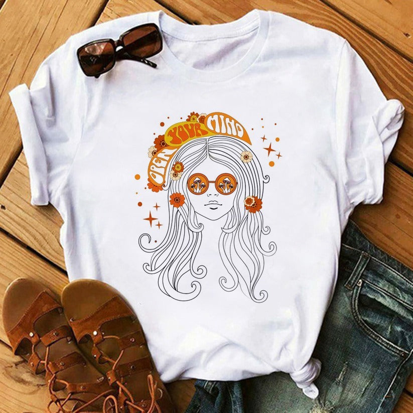 90's Funny Mushroom Print T-shirt Casual Round Neck Short Sleeves Printed Pullover Women T-shirt
