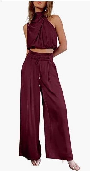 Summer Suits Casual Sleeveless Midriff-baring Top And Wide Leg Pants 2pcs Set Womens Clothing