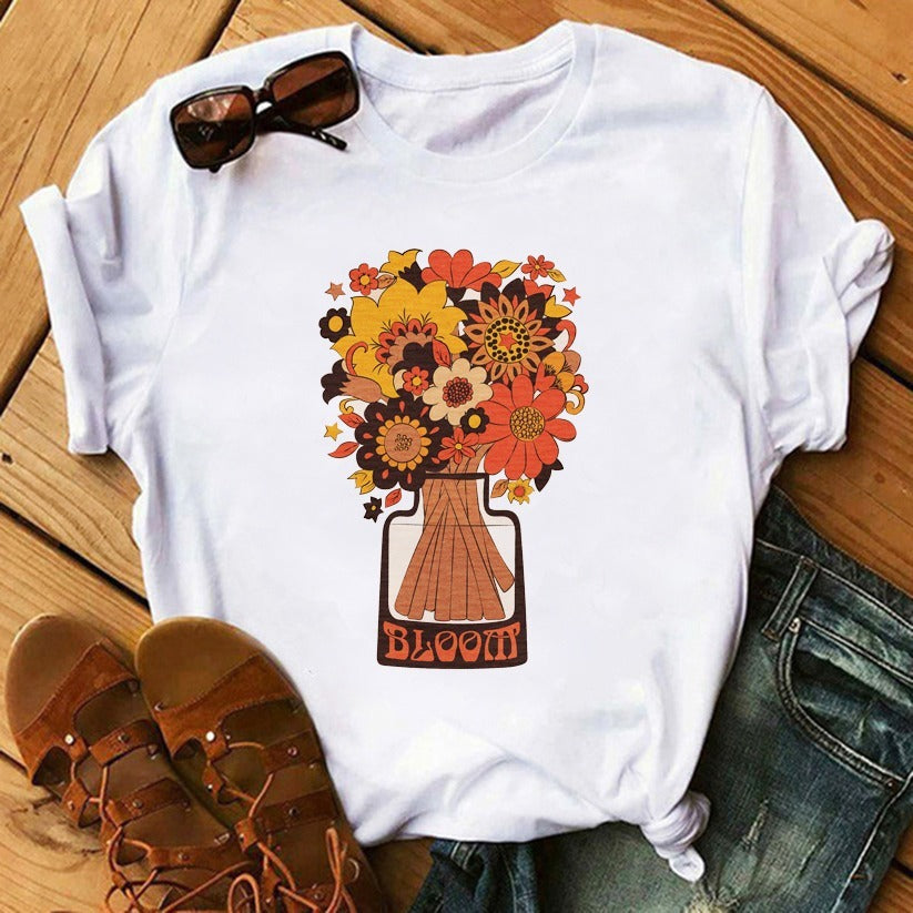 90's Funny Mushroom Print T-shirt Casual Round Neck Short Sleeves Printed Pullover Women T-shirt