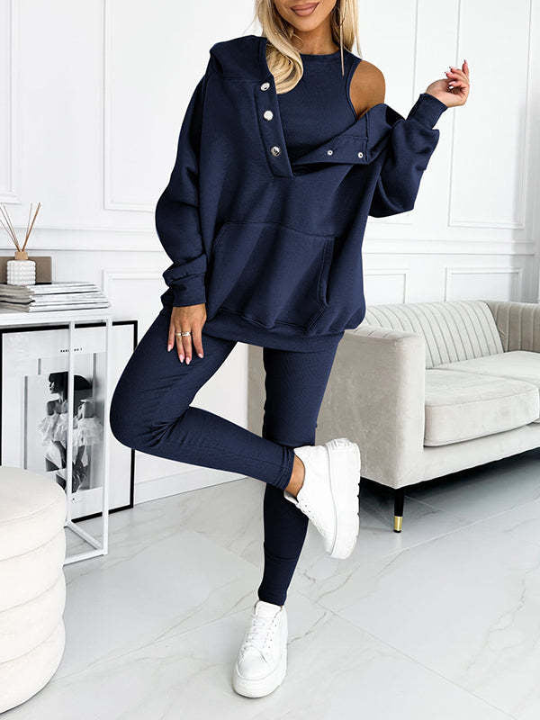 3pcs Women's Sports Suit Loose Hooded