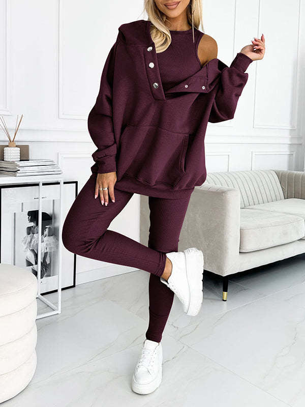 3pcs Women's Sports Suit Loose Hooded