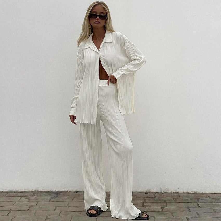 New Style Pleated Casual Shirt Suit Long-sleeved Trousers