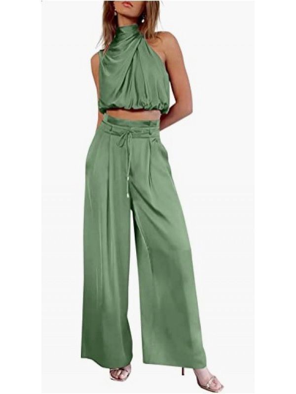 Summer Suits Casual Sleeveless Midriff-baring Top And Wide Leg Pants 2pcs Set Womens Clothing