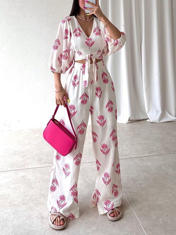 Women's Elegant V-neck Printed Puff Sleeve Top Trousers Two-piece Set