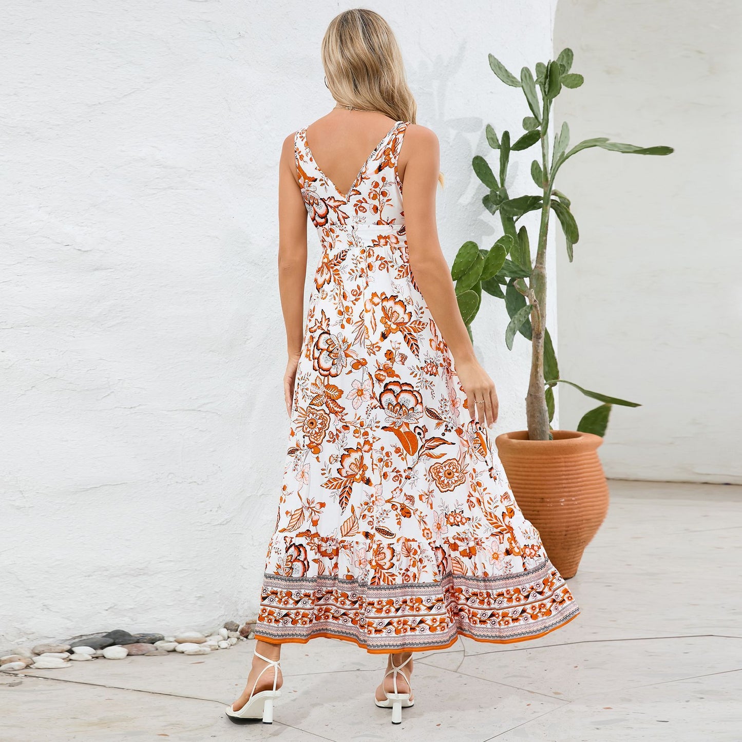 Fashion Floral Print V-neck Dress Summer Long Dress