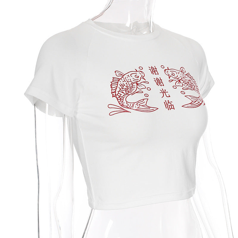 Velvet Chinese Character Fish Crop Top