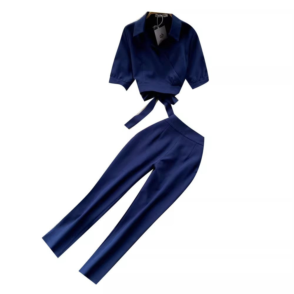 Lace-up Turn-down Collar Short Sleeve Shirt Top Leisure Suit