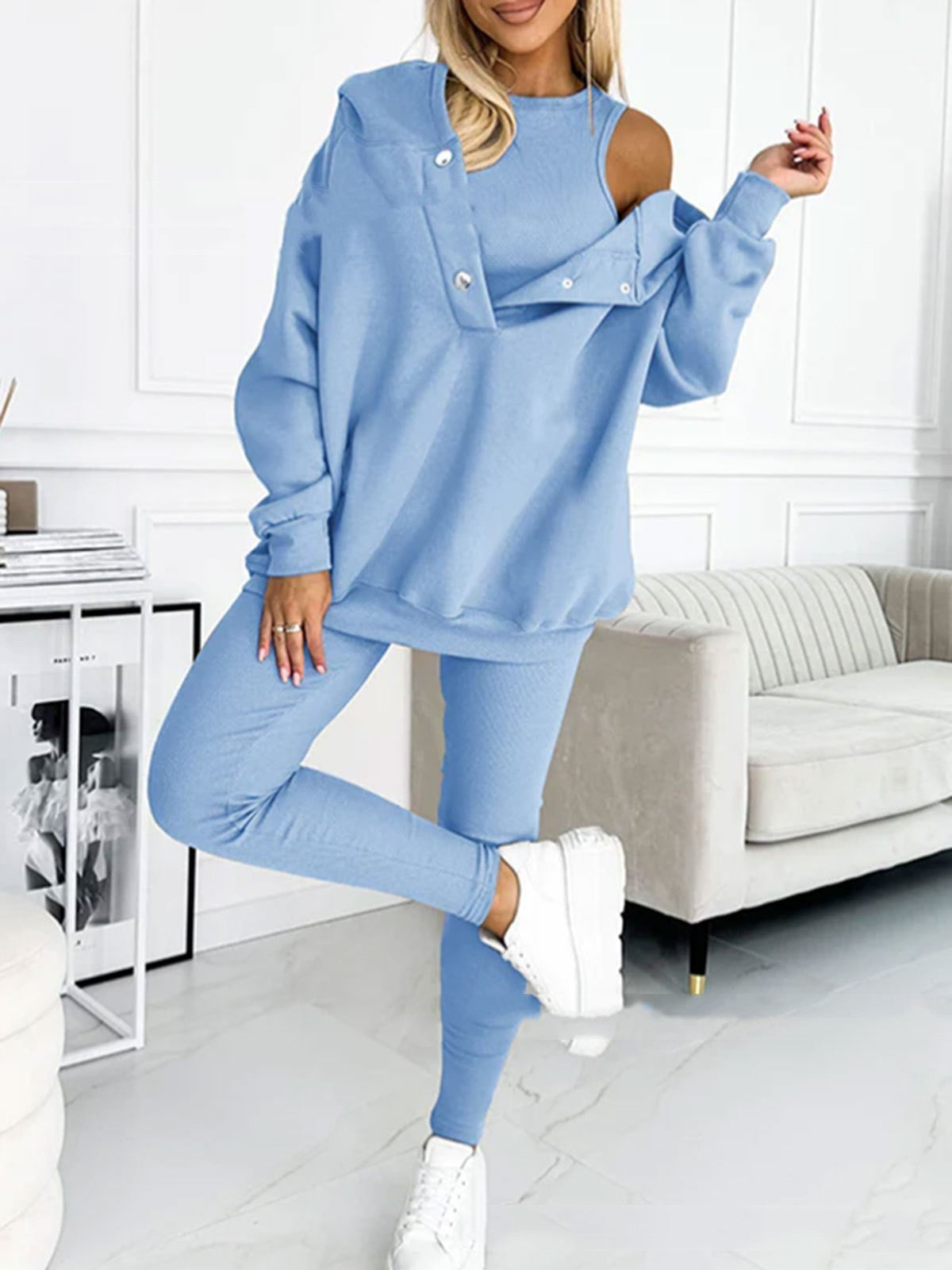 3pcs Women's Sports Suit Loose Hooded
