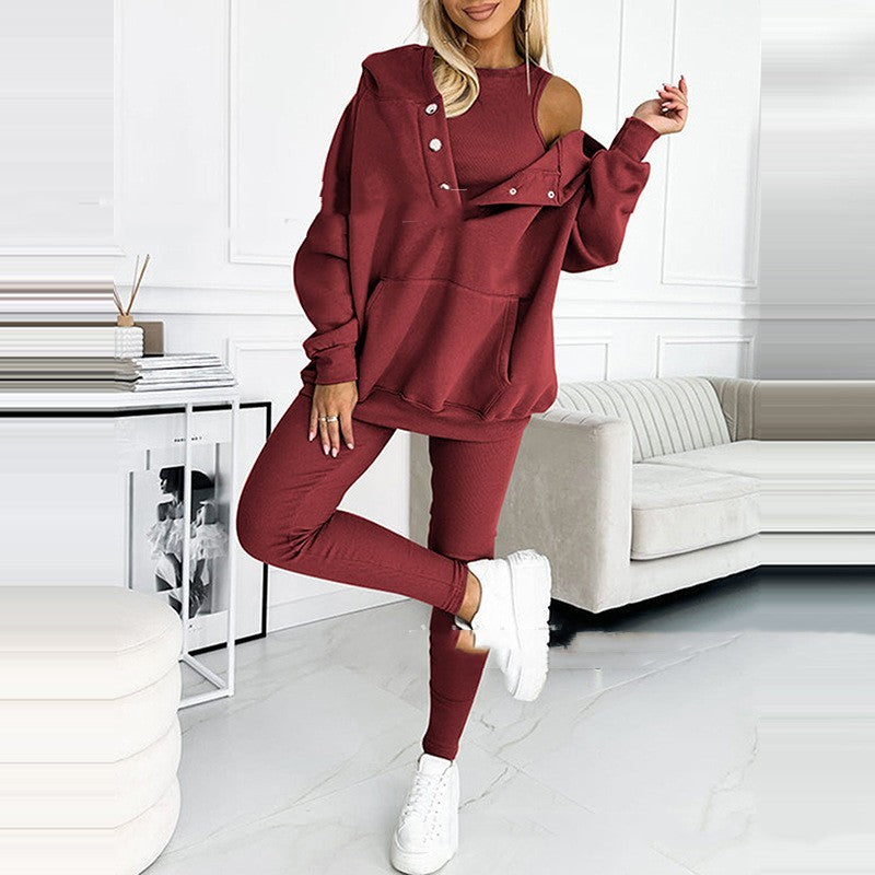 3pcs Women's Sports Suit Loose Hooded