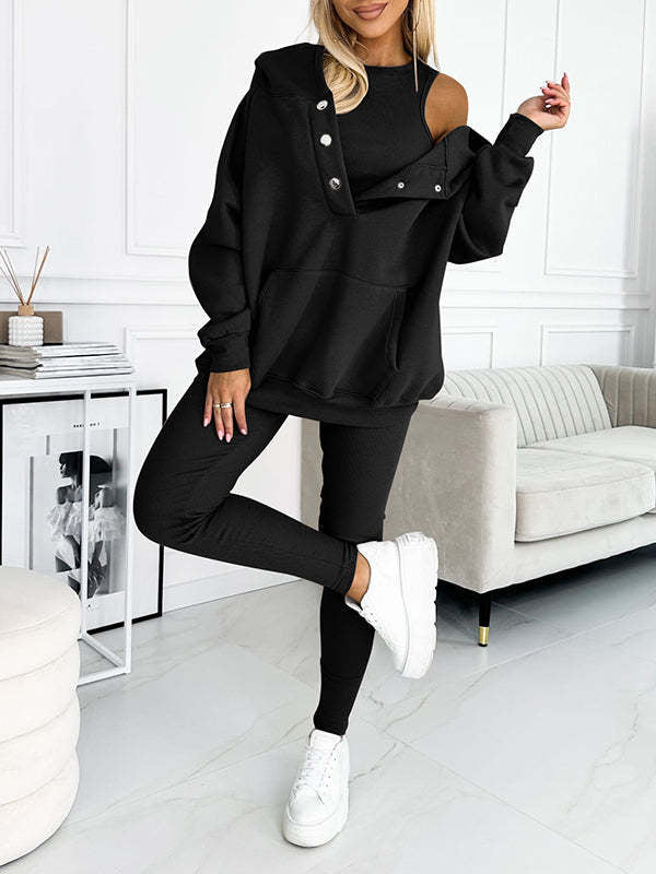 3pcs Women's Sports Suit Loose Hooded