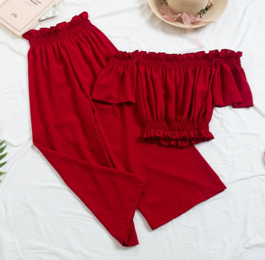 New Beach Two Piece Sets Clothes WomenSlash Neck Crop Top Wiht Loose Pants