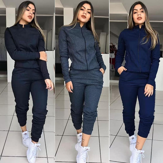 Womens Solid Color Long Sleeve Pants Suit Motion Twinset Two Pieces Fitness Clothing