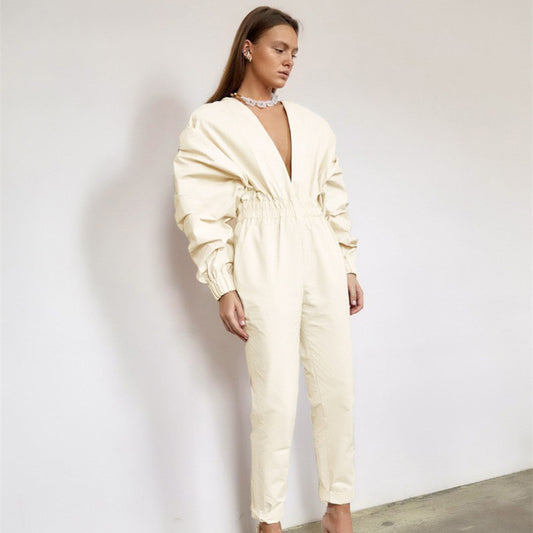 Women's V neck High Waist jumpsuits Straight Elastic Waist women rompers Lantern Sleeve jumpsuits  High Street bodysuit