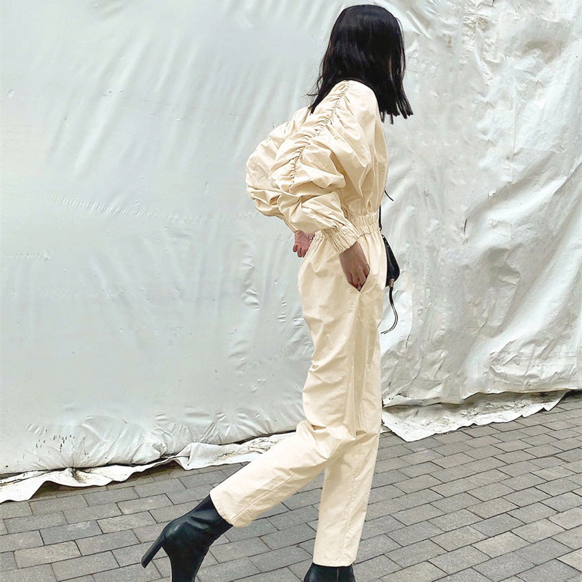 Women's V neck High Waist jumpsuits Straight Elastic Waist women rompers Lantern Sleeve jumpsuits  High Street bodysuit