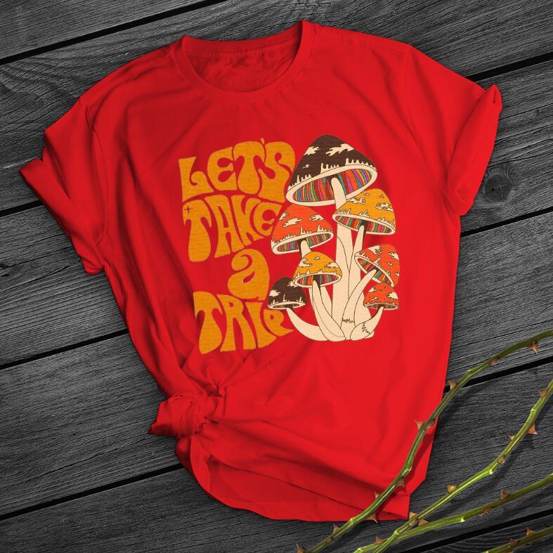 90's Funny Mushroom Print T-shirt Casual Round Neck Short Sleeves Printed Pullover Women T-shirt