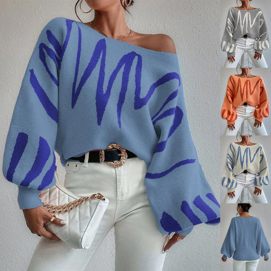 Pullover Sweater Fashion Line Printed Loose Tops Women's Clothing