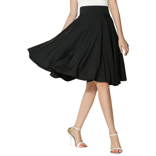 New Arrival Fashion Women Solid Flared Retro Casual Knee Length Pleated Midi Office Work Skirt
