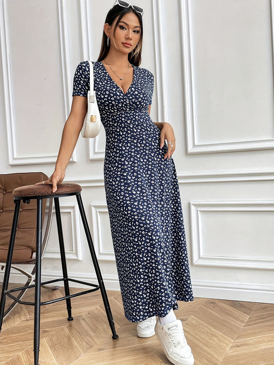 V-neck Short Sleeve Slim Fit Floral Elegant Dress