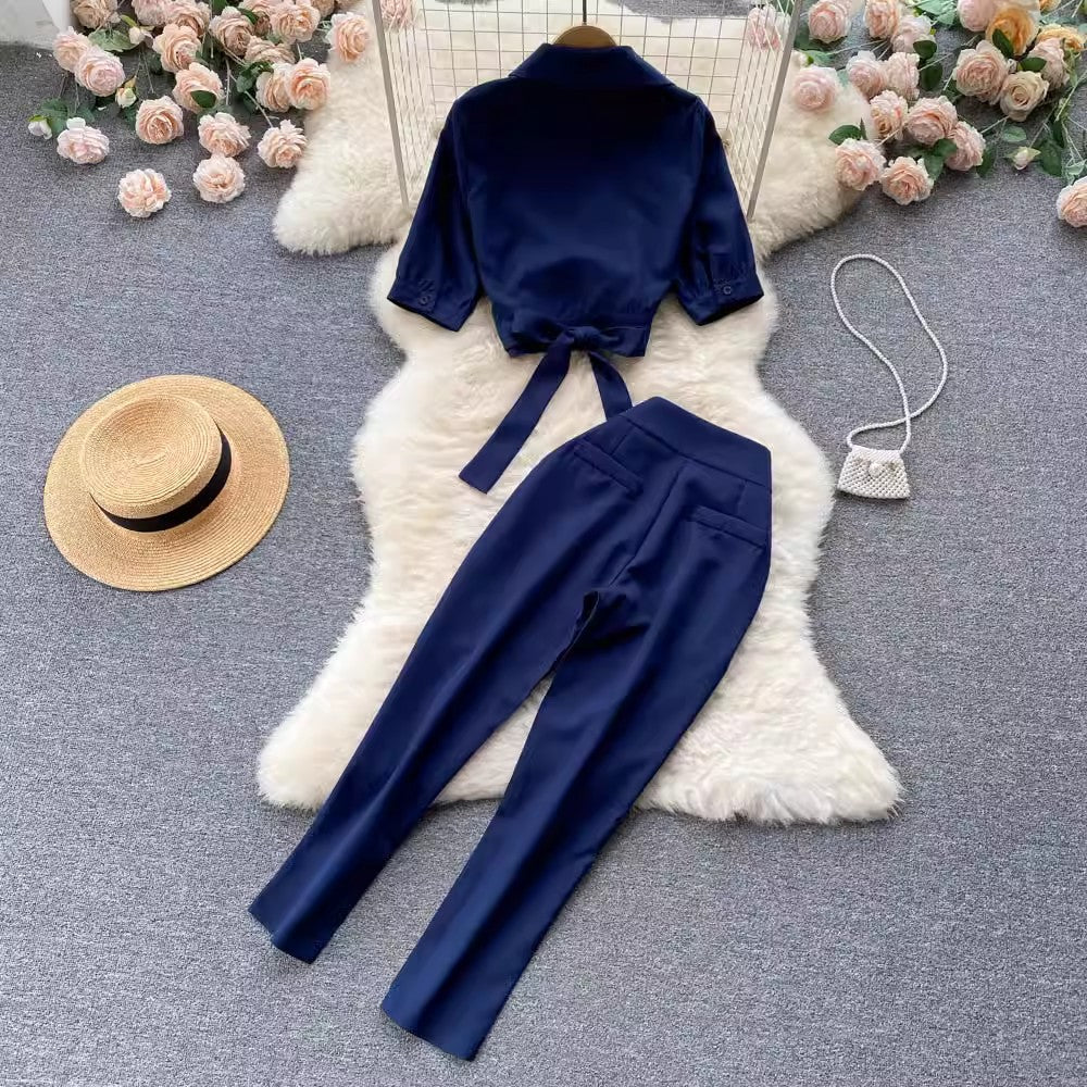 Lace-up Turn-down Collar Short Sleeve Shirt Top Leisure Suit