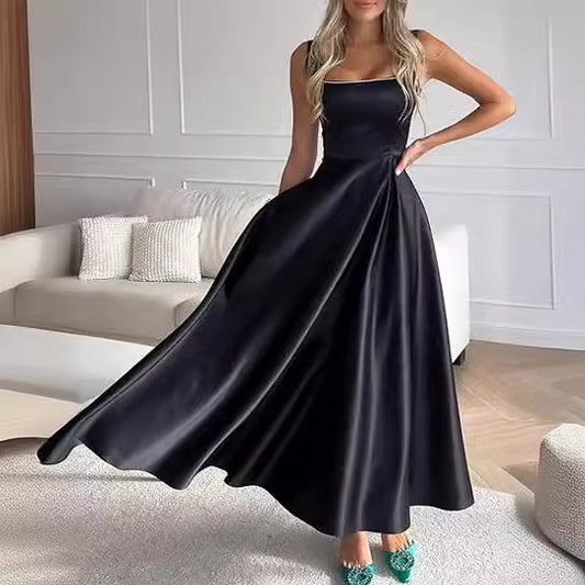 Women's Square Collar Low Collar Sleeveless Long Dress