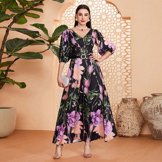 Elegant Lantern Sleeve Print Dress