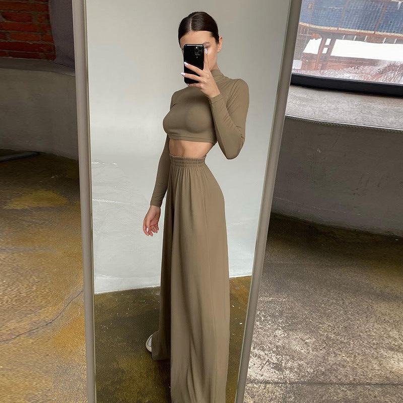 Knitted Cropped Long Sleeves Top Women's High Waist