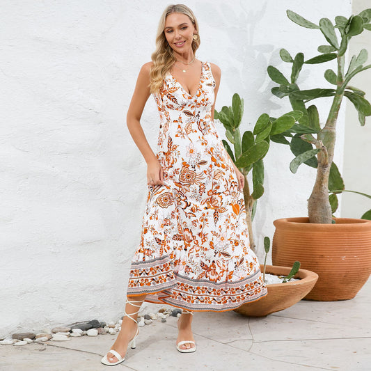 Fashion Floral Print V-neck Dress Summer Long Dress