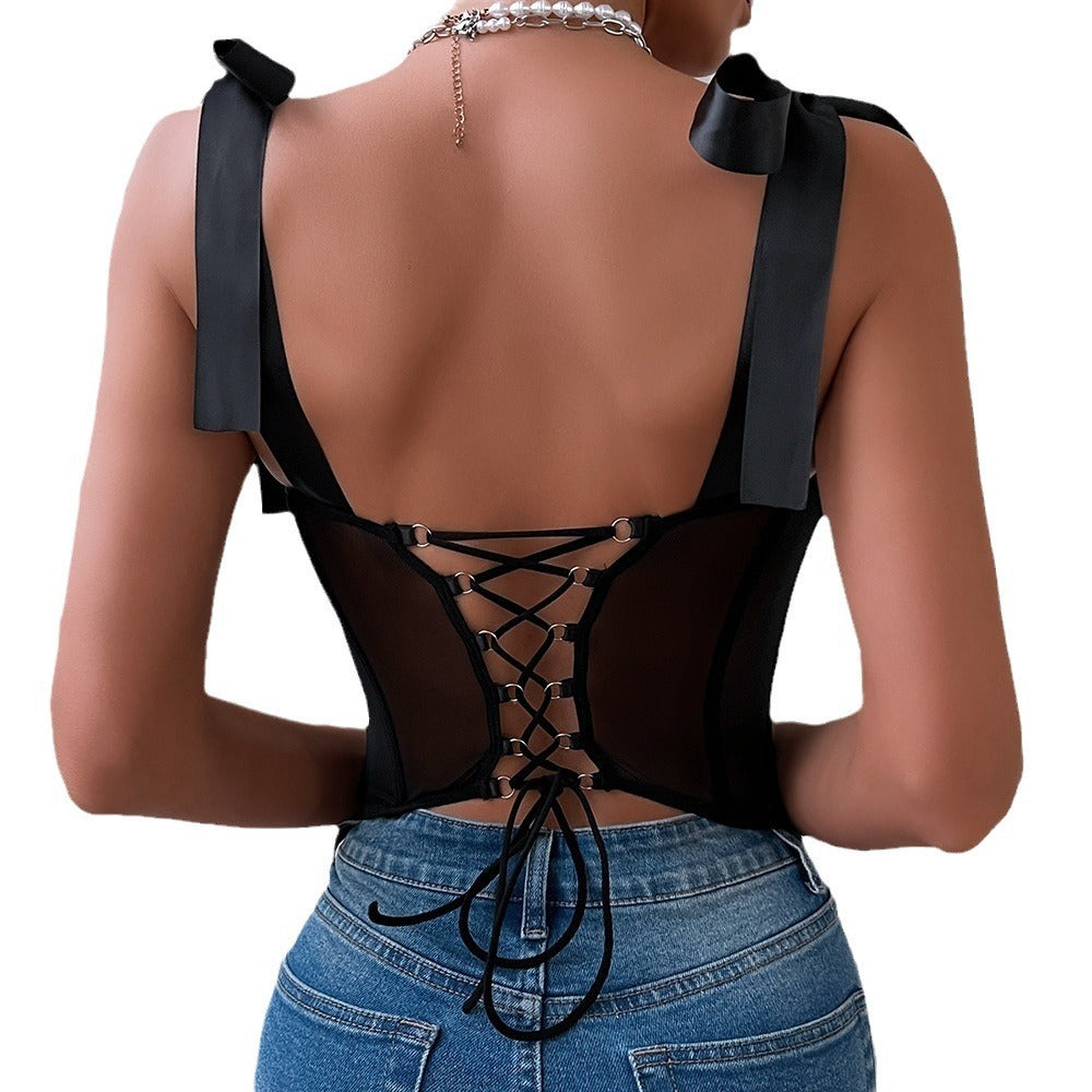 Tether Sequined Suspender Backless Steel Ring Corset  Top