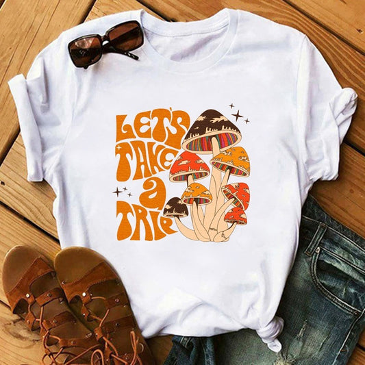 90's Funny Mushroom Print T-shirt Casual Round Neck Short Sleeves Printed Pullover Women T-shirt